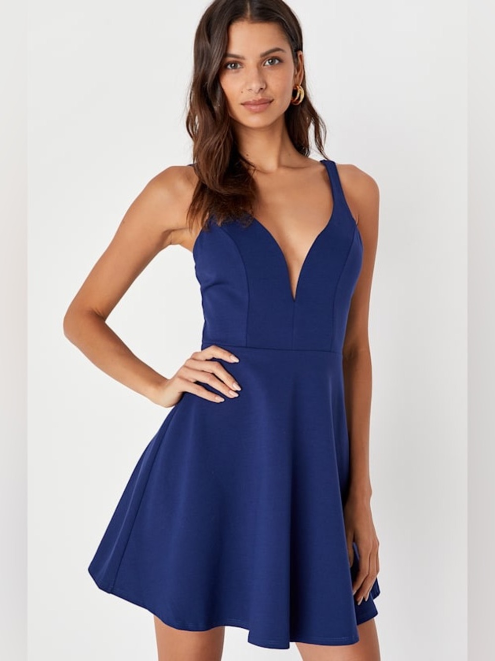 NWT - Lulu's Deep Blue Plunge V-Neck Fit & Flare Mini Dress - Size XS